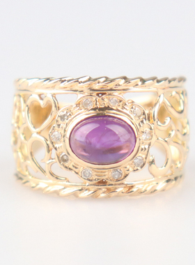 中古95新日本进口商品镂空工艺紫水晶钻石戒指K18黄金54号