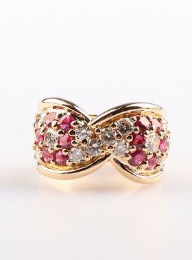 中古95新日本进口商品群镶红宝石钻石K18黄金51号戒指