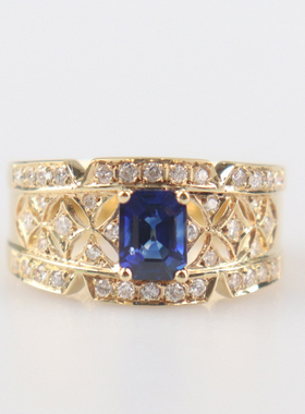 中古95新日本进口商品祖母绿切工蓝宝石钻石戒指750黄金545号