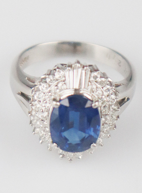 「9.5新」日本进口商品椭圆形切工蓝宝石钻石戒指PT90051号