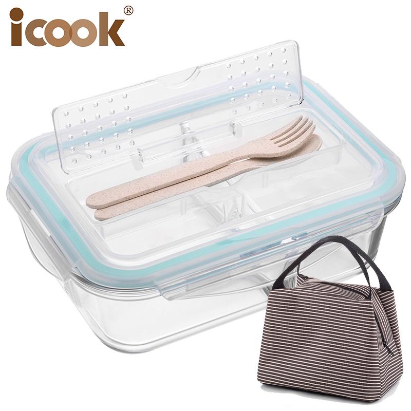 iCook饭盒便当盒学生分格可加热玻璃保鲜盒密封碗带盖微波炉饭盒 - 图1