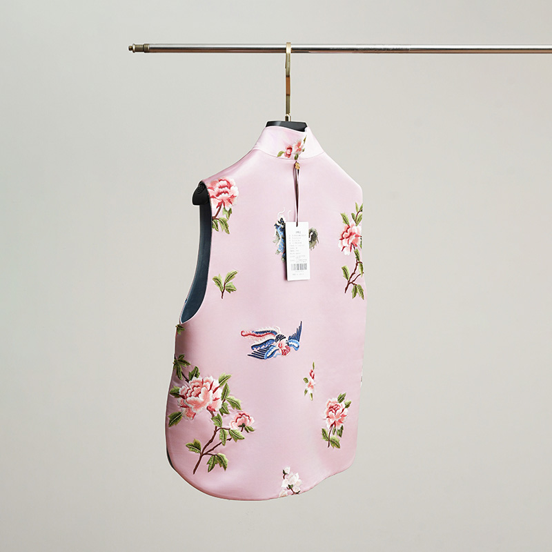 门里门外粉色拼蓝色花鸟兽纹双韵双面穿马甲BC25CM0318R - 图0