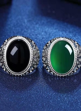 2025新款欧美风尚个性菱纹仿玛瑙金色男士戒指红玉髓绿宝批发时尚