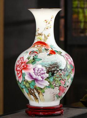 景德镇陶瓷粉彩花鸟花摆件插花中式客厅描金富贵迎春花摆件