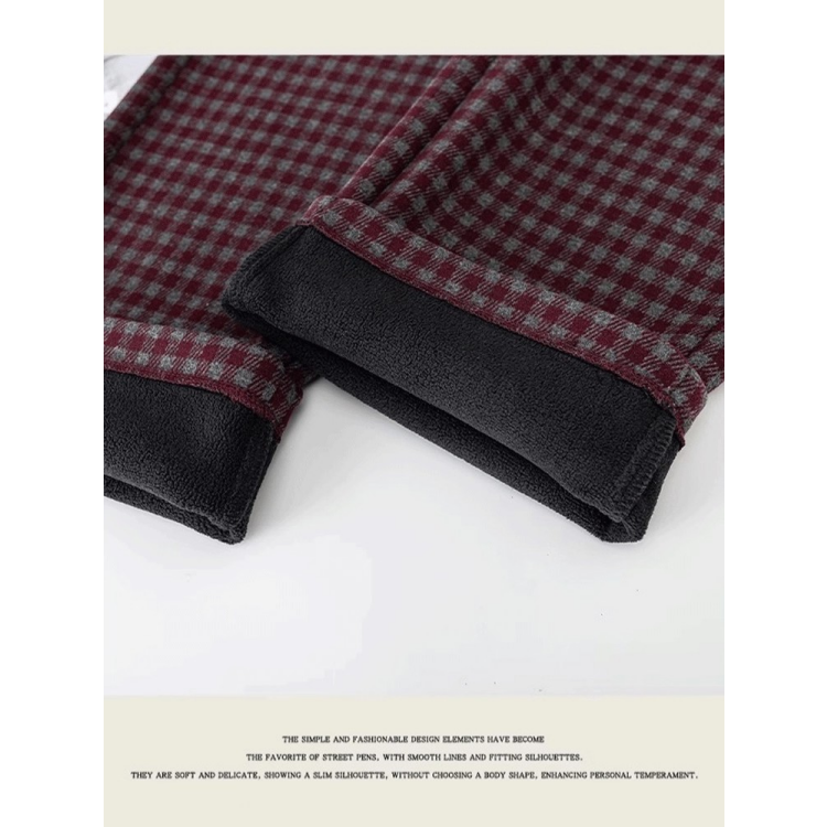 拉夏贝尔藏青色毛呢格子阔腿裤女秋冬2025新款流行加绒直筒休闲裤,淘宝优惠券,粉丝福利购,淘宝优惠卷