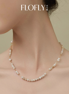花与蝶轻奢高级天然月光石珍珠小方糖项链银锁骨链毛衣链秋冬百搭