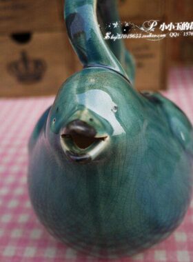 【蓝釉：提梁款雀鸟水壶】北欧乡村地中海 花园摆设 时尚家居饰品