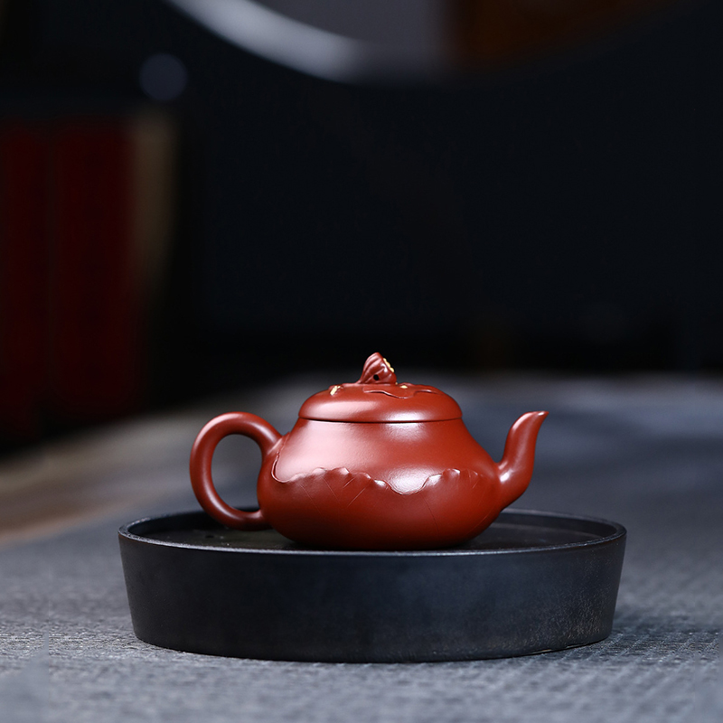 宜兴紫砂壶原矿大红袍纯手工浮雕莲子君德200ML中式茶壶茶具礼品