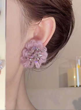 紫色毛线水晶镶花手工耳环秋冬女