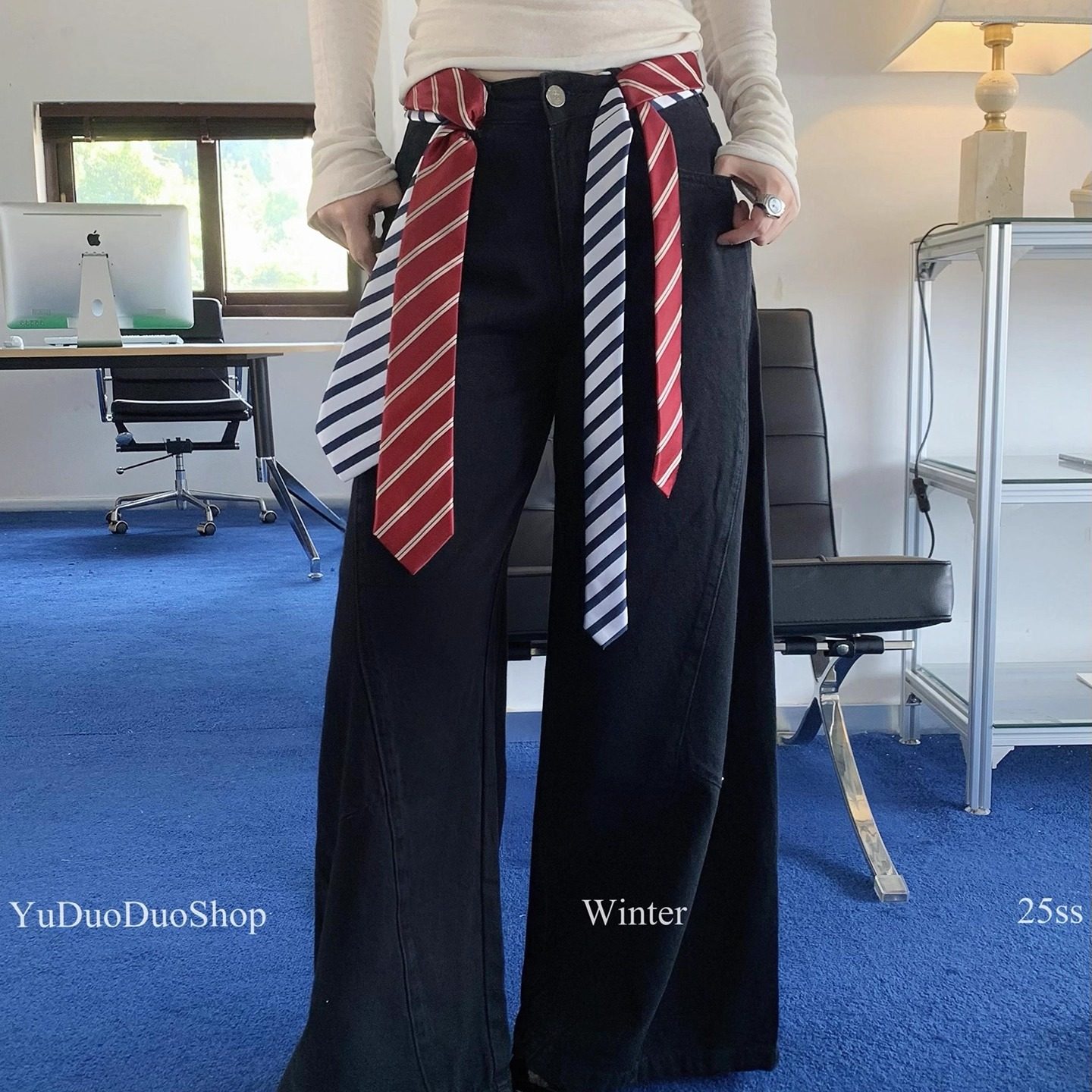 设计师款时髦复古安哥拉红条纹手打领带女美式学院风辣妹腰带配饰,淘宝优惠券,粉丝福利购,淘宝优惠卷