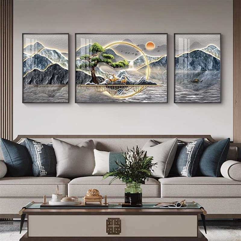 日出东方客厅装饰画新中式沙发背景墙挂画山水画高档大气三联壁画