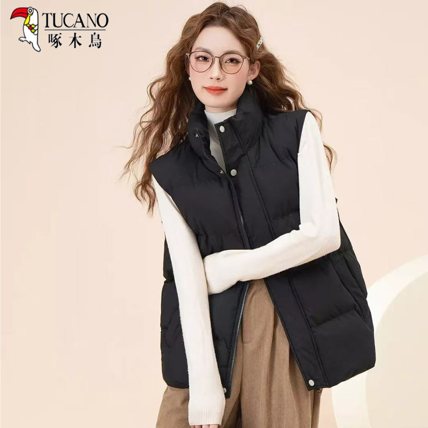 TUCANO啄木鸟羽绒棉宽松马甲女短款立领拉链保暖背心外套时尚百搭 - 图2