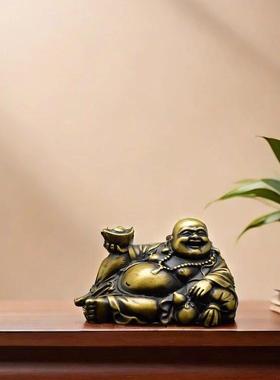 纯铜车载弥勒佛摆件精致黄铜佛像创意汽车装饰品全铜家居玄关中式