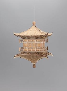 新中式创意实木禅意古建筑镜像吊灯售楼处酒店样板间玄关空中吊饰