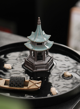 小亭子鱼缸造景六角亭小宝塔假山园艺盆景陶瓷茶道桌面摆件微景观