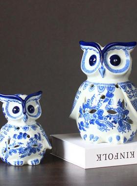 景德镇青花瓷陶瓷工艺品家居摆设猫头鹰摆件办公室桌面招财乔迁礼