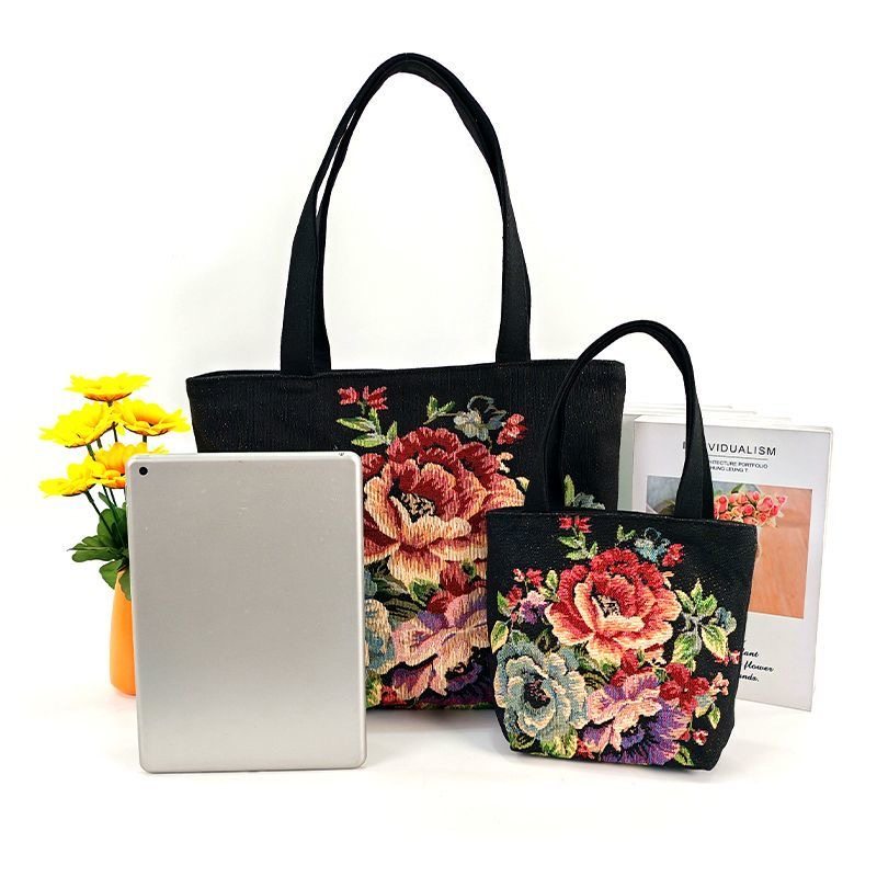 新款帆布包时尚百搭手提包双面金丝提花刺绣单肩包女士便携便当包,淘宝优惠券,粉丝福利购,淘宝优惠卷