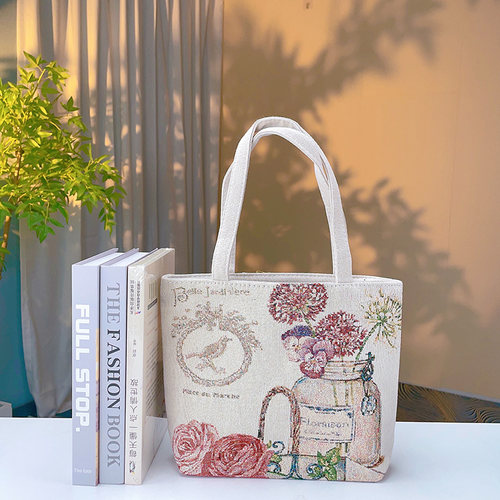 瓶中花双面金丝提花刺绣帆布手提包单肩包休闲文艺学生上班通勤包 - 图3
