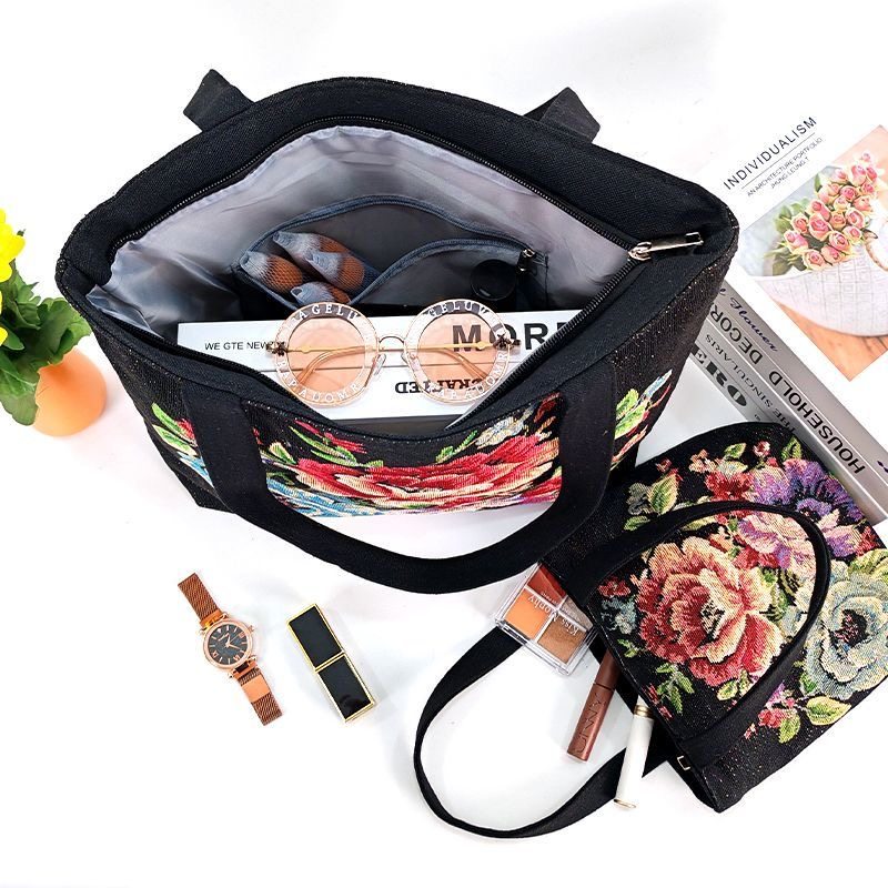 新款帆布包时尚百搭手提包双面金丝提花刺绣单肩包女士便携便当包,淘宝优惠券,粉丝福利购,淘宝优惠卷