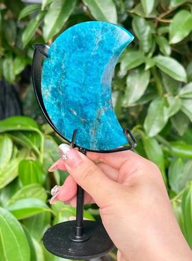 新品天然水晶工艺品蓝磷辉雕刻件月亮脸摆件装饰品收藏品原厂