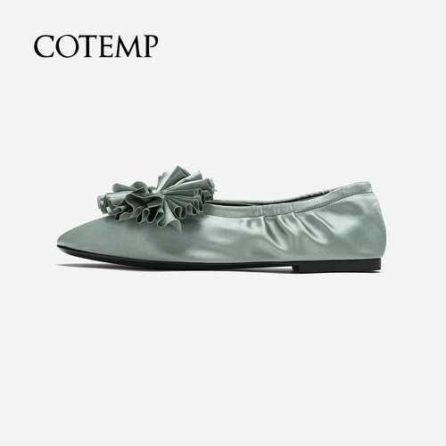 cotempOstara 26FW新款简约褶花绸缎鞋尖头平底芭蕾鞋子女 - 图2