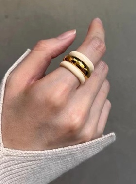 ins时髦黑金系列 法国小众宽版几何圆圈黄铜戒指复古个性简约指环