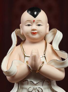 七珍陶瓷金童玉女摆件娃娃一对龙女善财童子观音菩萨佛像家用供奉