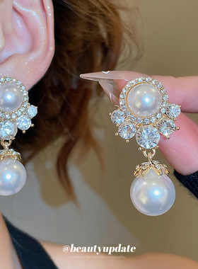 银针镶钻圆形珍珠吊坠耳环项链套装宫廷风锁骨链轻奢高级感饰品