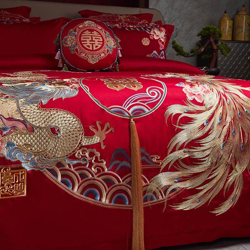 高档婚庆140支全棉四件套龙凤刺绣纯棉被套结婚红色床单喜字床品4,淘宝优惠券,粉丝福利购,淘宝优惠卷