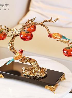 珐琅彩喜上枝头新中式柿子摆件客厅玄关办公室摆件新婚乔迁礼物