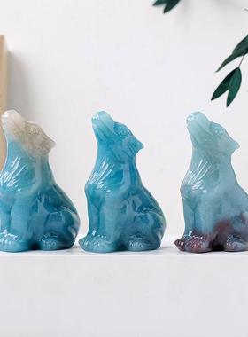 天然水晶羟磷铝石小狼仔雕刻件原石打磨水晶工艺品家居装饰摆件