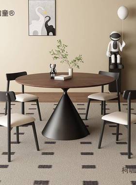 古风黑胡桃木拼花圆形餐桌椅组合小户型家用中古风意式极简麦太保