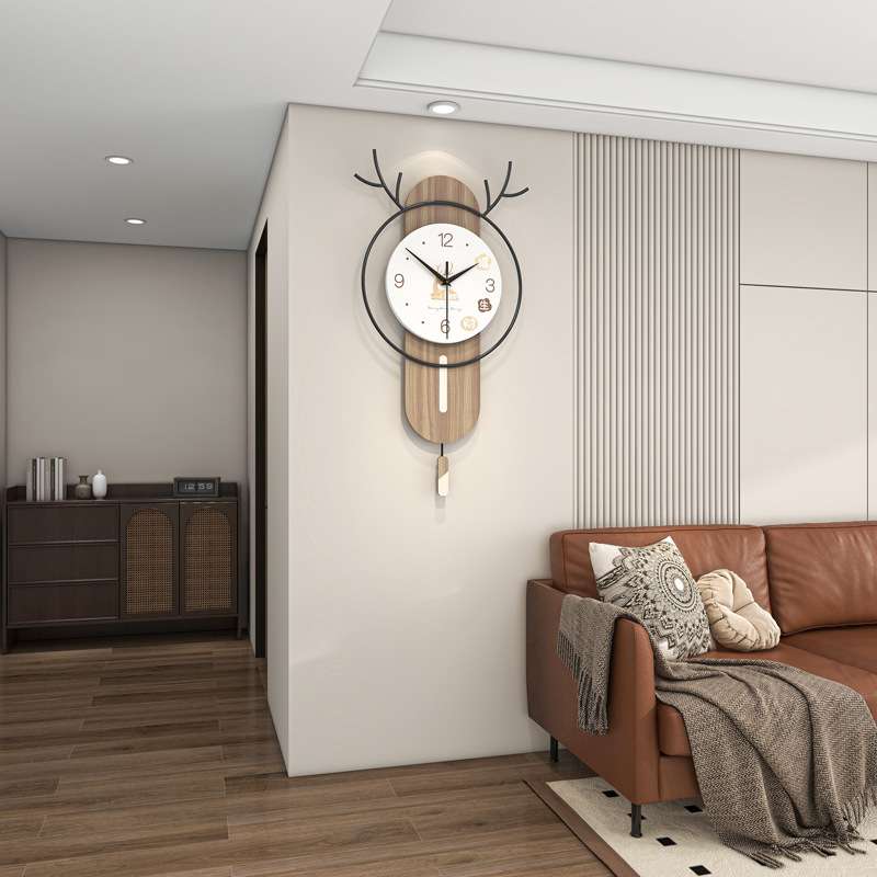创意鹿头装饰挂钟现代简约家用静音时钟客厅玄关背景挂墙摇摆钟表 - 图0