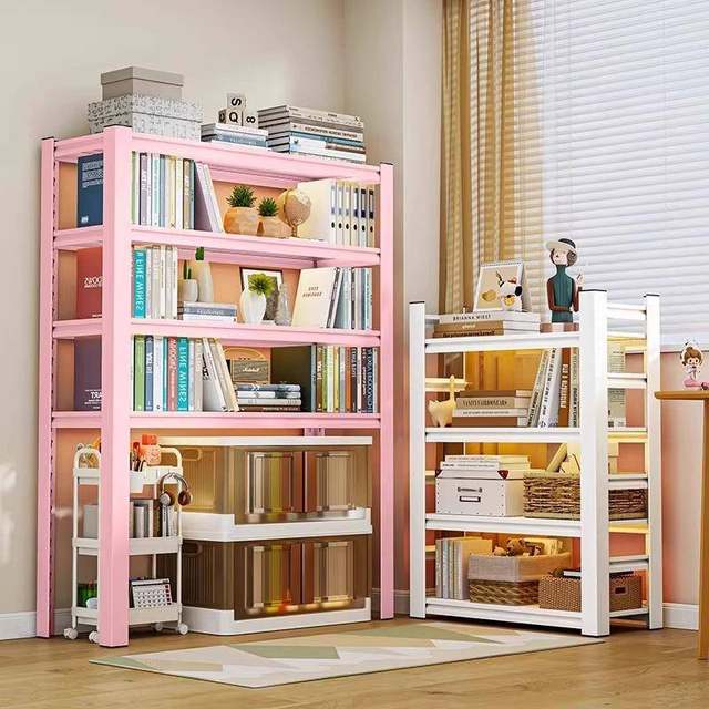 Household steel bookshelf Color storage rack Children's iron art student bookcase multi-layer storage rack Living room storage rack