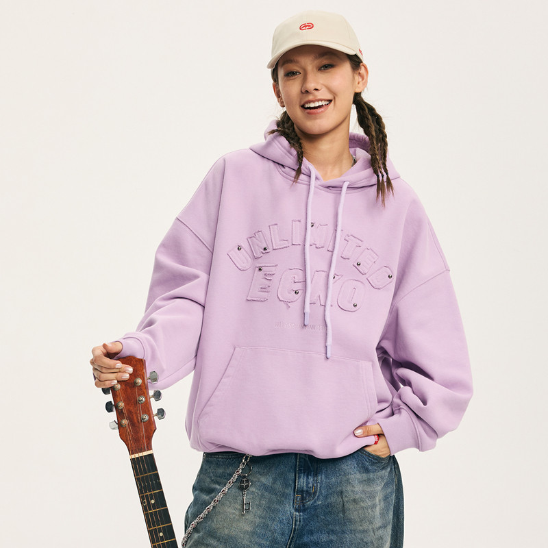 ecko红犀牛  紫色字母贴布钉珠连帽重磅情侣卫衣2025秋季新款外套