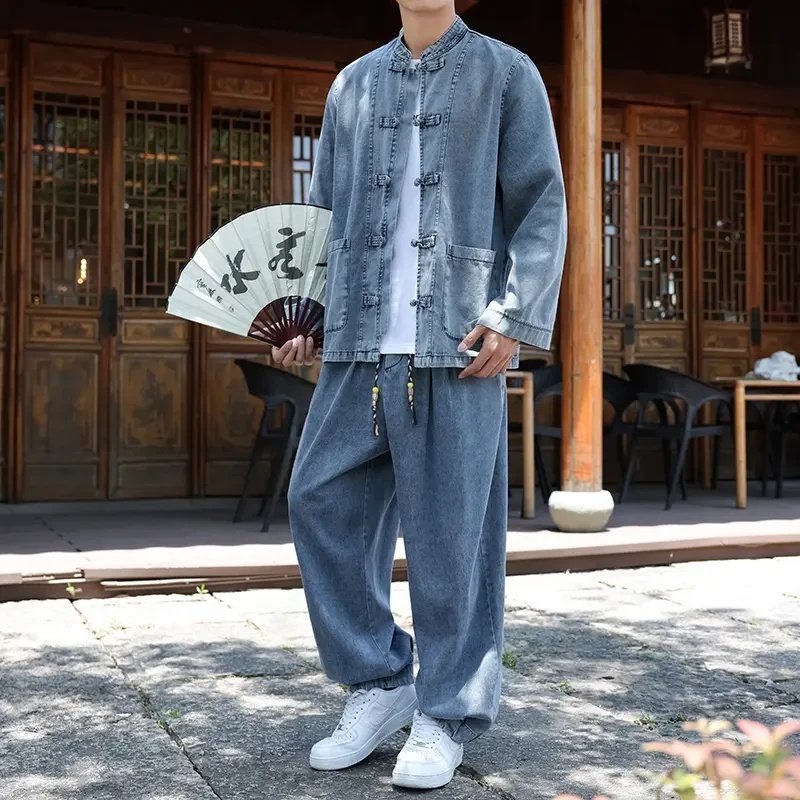 特大码300斤轻奢痞帅禅意男装秋季国风牛仔衬衫夹克休闲宽松套装2,淘宝优惠券,粉丝福利购,淘宝优惠卷