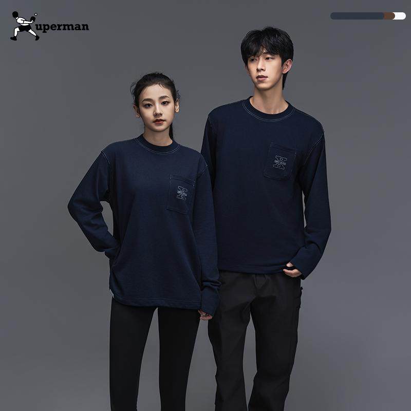Xuperman刺绣口袋长袖T恤基础百搭宽松显瘦打底衫男T恤女圆领纯色,淘宝优惠券,粉丝福利购,淘宝优惠卷