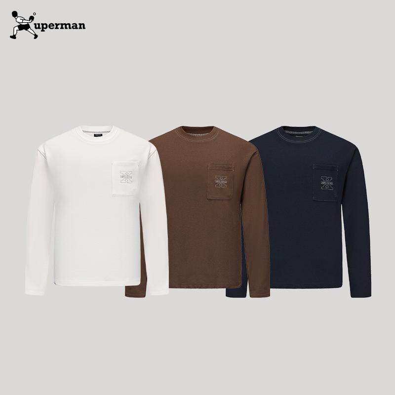 Xuperman刺绣口袋长袖T恤基础百搭宽松显瘦打底衫男T恤女圆领纯色,淘宝优惠券,粉丝福利购,淘宝优惠卷