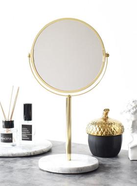北欧金色大理石底座创意化妆镜双面镜卧室装饰家用桌面梳妆镜台式