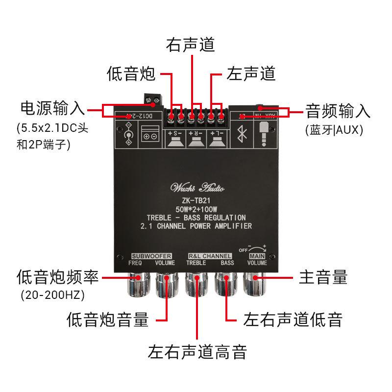 ZK-TB21 2.1声道蓝牙数字功放模块 高低音调超重低音炮大功率 - 图1