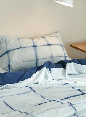 2024新款全棉植物扎染四件套日式复古几何线条格子纯棉水洗棉套件