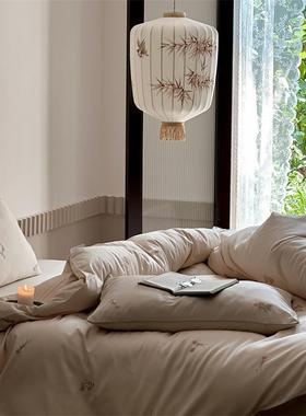 北欧简约素色全棉50支贡缎长绒棉刺绣四件套田园风花卉轻奢双人床
