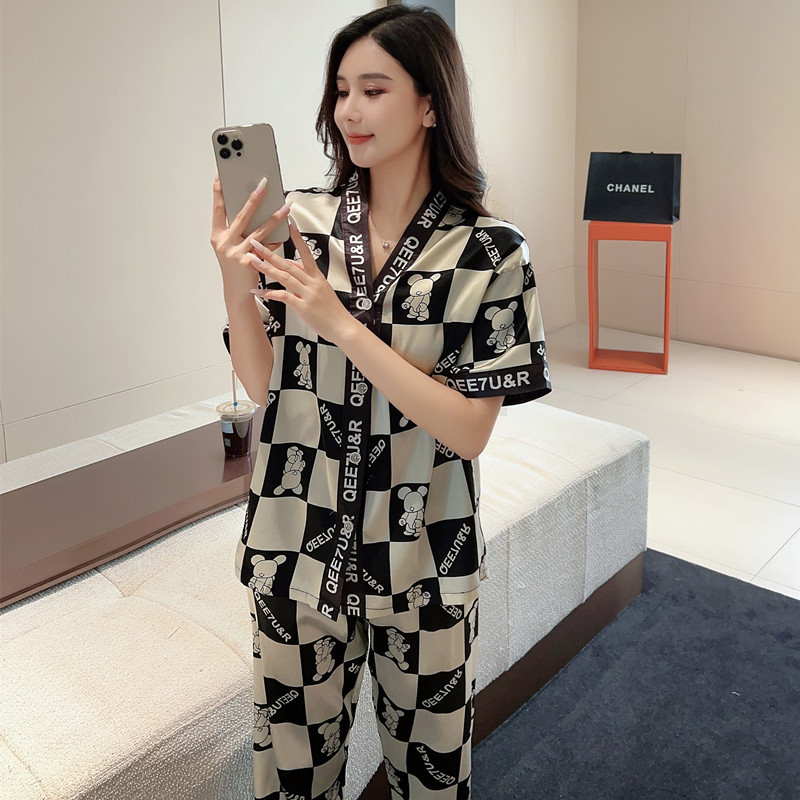 BDJ 丝绸睡衣 2024新款奢华睡衣女夏季冰丝薄款短袖长裤套装夏天_莎琪潮流店_女士内衣/男士内衣/家居服-第2张图片-提都小院