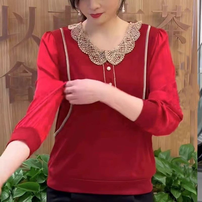 妈妈春秋翻领小衫上衣洋气中老年女宽松大码长袖T恤减龄打底衫女,淘宝优惠券,粉丝福利购,淘宝优惠卷