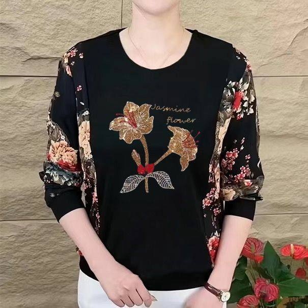 秋冬新款圆领烫钻中老年妈妈洋气大码宽松显瘦遮肉百搭长袖上衣女,淘宝优惠券,粉丝福利购,淘宝优惠卷