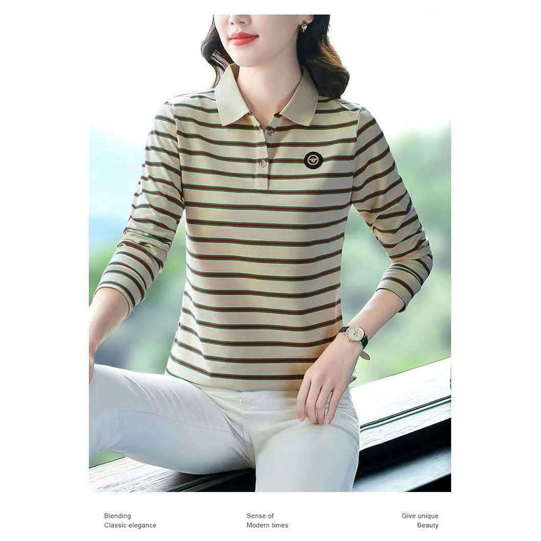 春秋Polo领中年妈妈条纹显瘦大码减龄上衣新款翻领洋气长袖T恤女,淘宝优惠券,粉丝福利购,淘宝优惠卷