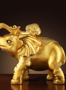 速发仿财黄铜铸办公桌吸水财大象铜摆件纯铜一对吸古象守小象
