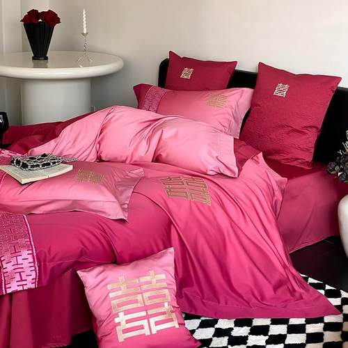 渐变色婚庆四季贡缎长绒棉四件套红色结婚现代风刺绣被套床上用品 - 图0