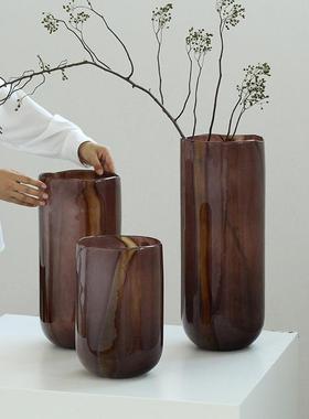 新中式渐变纹落地直筒不规则口玻璃花瓶简约吊钟马醉木家用装饰瓶