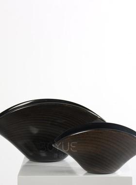 现代琉璃金箔条纹黑色果盘摆件家居样板房客厅餐厅家具展厅软装饰